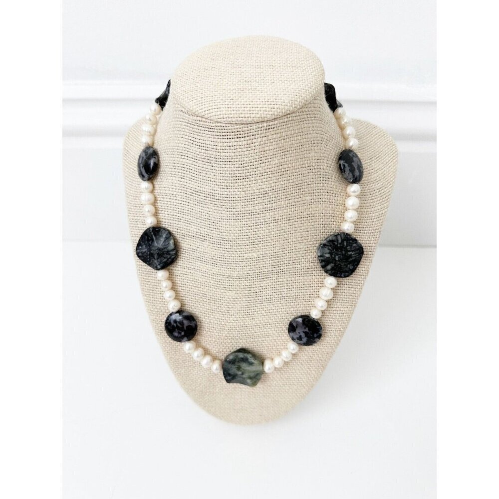 NWT Genuine Jasper & Pearls Necklace Beaded Black White